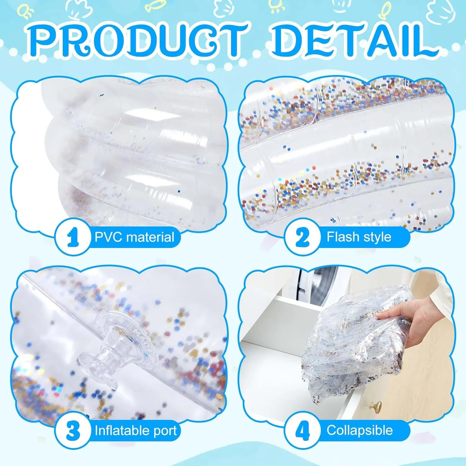 1 Pcs Glitter Kid Swimming Pool Round 3 Rings Small Transparent Blow up Pool with Cushioned Bottom for Backyard Garden Easy Inflate Baby Ball Pit (Silver)