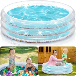 1 Pcs Glitter Kid Swimming Pool Round 3 Rings Small Transparent Blow up Pool with Cushioned Bottom for Backyard Garden Easy Inflate Baby Ball Pit (Silver)