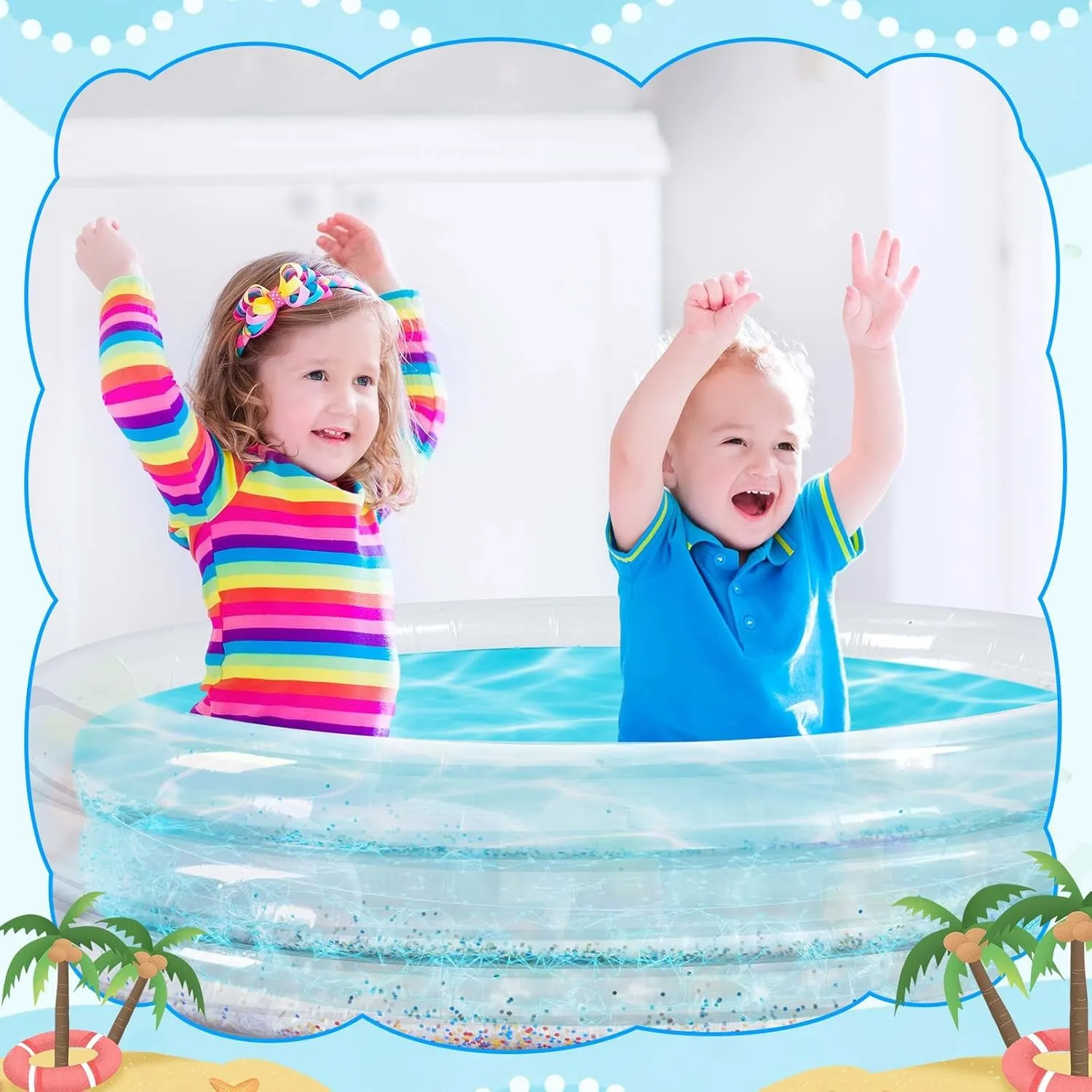 1 Pcs Glitter Kid Swimming Pool Round 3 Rings Small Transparent Blow up Pool with Cushioned Bottom for Backyard Garden Easy Inflate Baby Ball Pit (Silver)