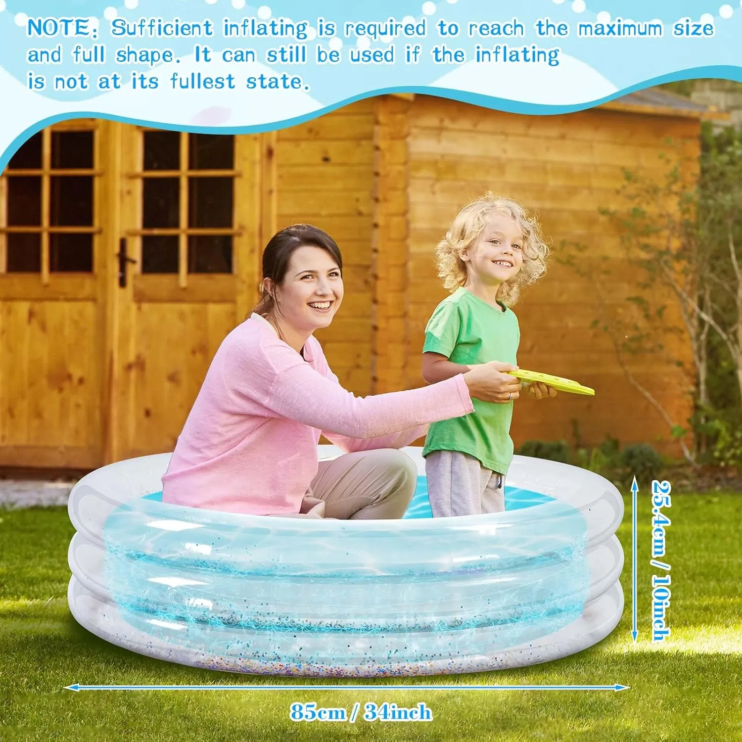 1 Pcs Glitter Kid Swimming Pool Round 3 Rings Small Transparent Blow up Pool with Cushioned Bottom for Backyard Garden Easy Inflate Baby Ball Pit (Silver)
