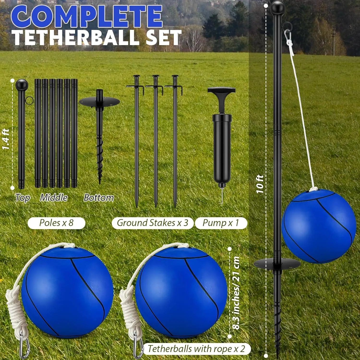 10 ft Tetherball Set with 2 Balls, Portable Replacement Tetherball Ball and Rope and Pole Tether Equipment Adjustable Pole Game for Adult Dog Outdoor Backyard Beach