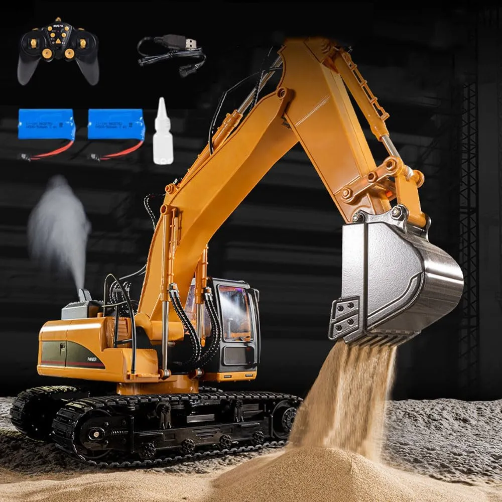 1:14 Remote Control Excavator RC Construction Vehicles 21 Channel 2.4G Full Function Digger Toys with Metal Shovel Sound/Lights and Spray Function，2 Rechargeable Battery