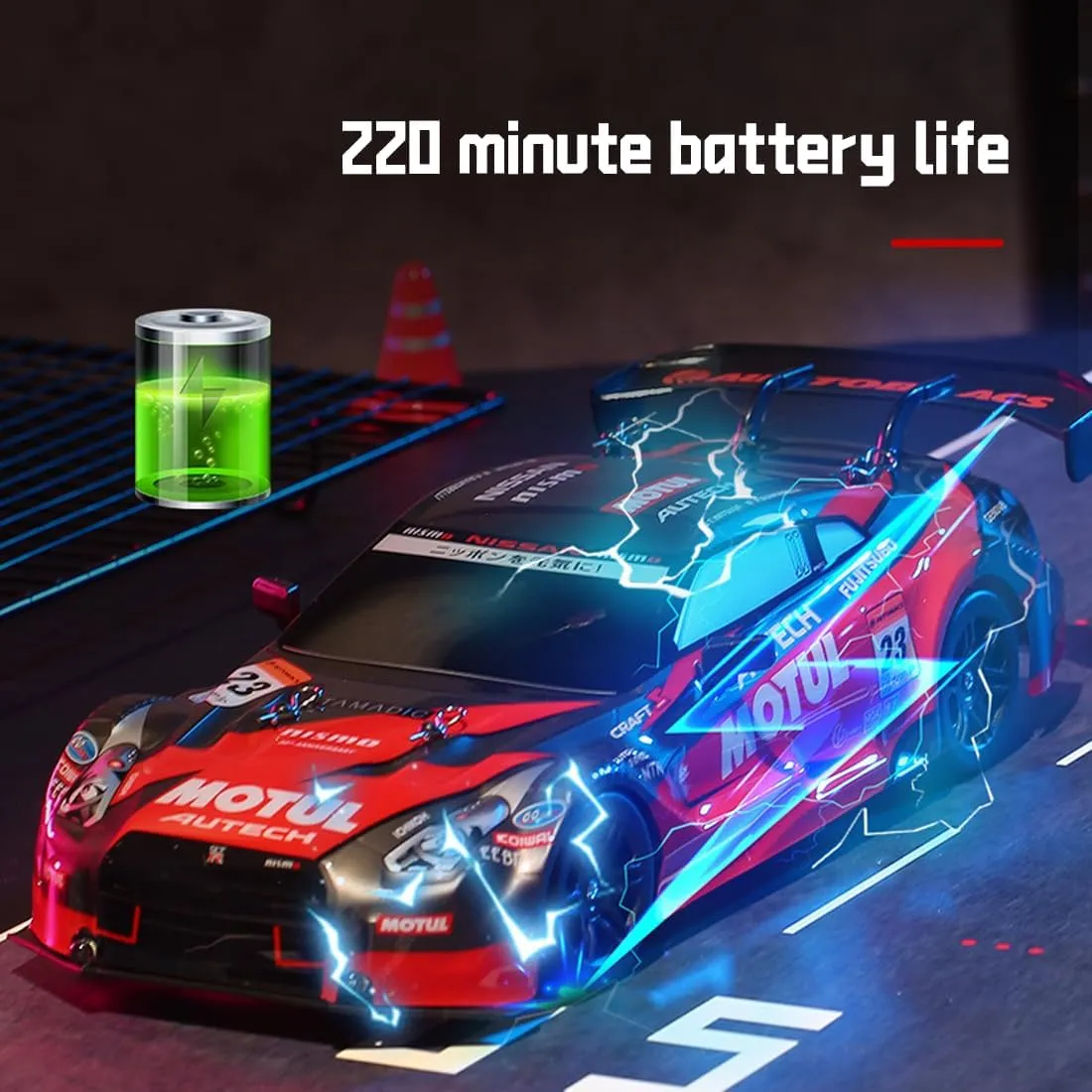 1:16 Proportional 4WD RC Racing Car with LED Lights, 30KM/H High Speed Remote Control Drift Racing Car with Additional Tires for Adults