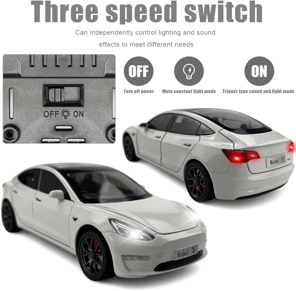 1:24 Scale Model 3 Alloy Car Model Diecast Toy Vehicles for Kids, car Model 3 Gull Wing Door，Pull Back Alloy Car with Lights and Music,Gifts for Boys and Girls