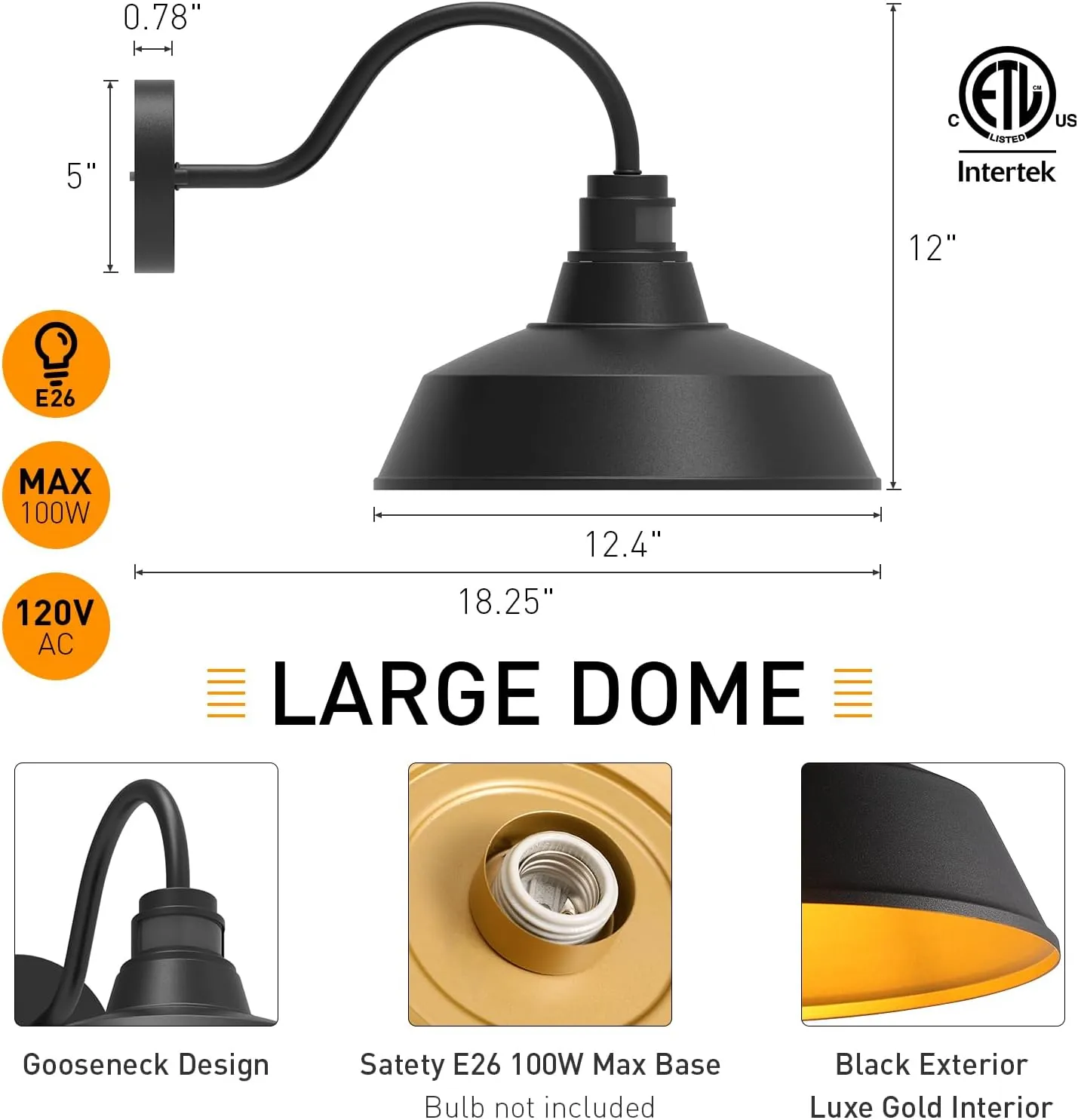 12.4" Dome Gooseneck Barn Light, Outdoor Anti-Rust&Waterproof Farmhouse Wall Sconce, Outdoor Wall Lanterns for Porch/Patio, E26 Base 100W Max(Black 1-Pack Motion Sensor Outdoor Lights)