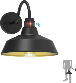 12.4" Dome Gooseneck Barn Light, Outdoor Anti-Rust&Waterproof Farmhouse Wall Sconce, Outdoor Wall Lanterns for Porch/Patio, E26 Base 100W Max(Black 1-Pack Motion Sensor Outdoor Lights)