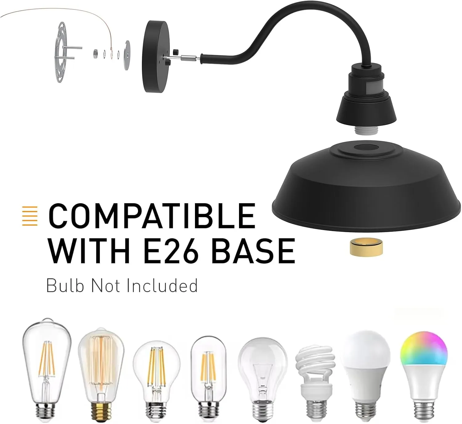 12.4" Dome Gooseneck Barn Light, Outdoor Anti-Rust&Waterproof Farmhouse Wall Sconce, Outdoor Wall Lanterns for Porch/Patio, E26 Base 100W Max(Black 1-Pack Motion Sensor Outdoor Lights)