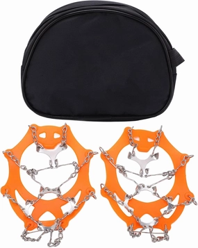 12 Tooth Mountaineering Crampons, Wearproof Skid Snow Shoes Accessory, Made of SiO2 Gel and Stainless Steel, Orange, with Thickened Steel Claws for Outdoor Use