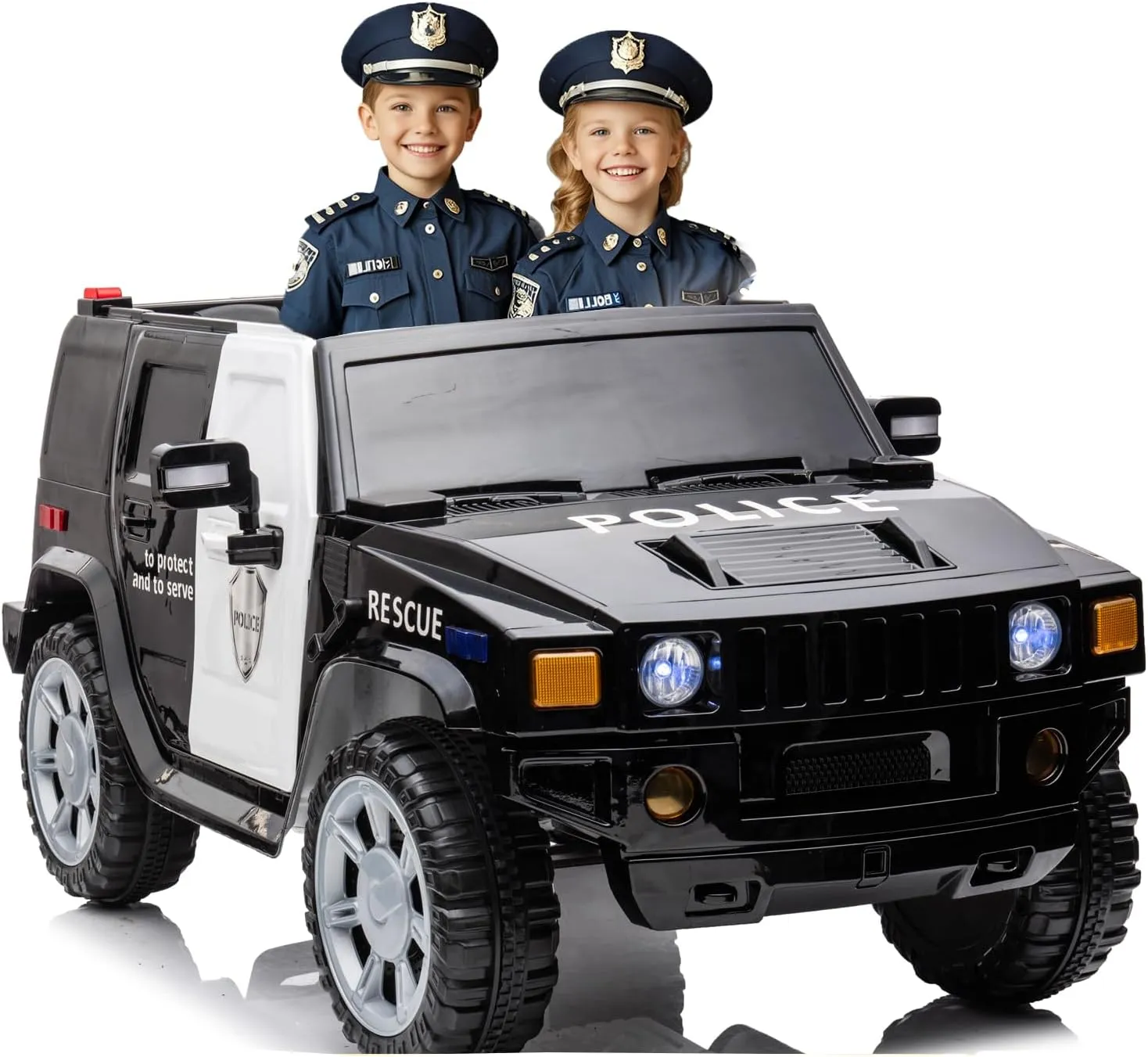 12V Battery Powered Ride-On Truck - 2-Seater Electric Car with 30W x 2 Motors, 5MPH Max Speed, Spring Suspension, LED Lights, Music, Simulation Alarm, Openable Doors for Boys & Girls. Police