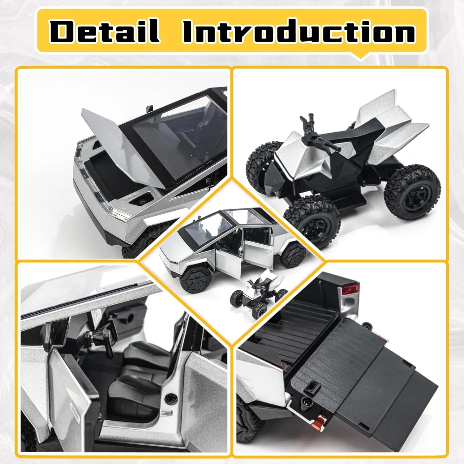 1/32 Alloy Pickup Truck & Trailer - Die-Cast Metal Pull-Back Toy with Sound & Light, Openable Cab/Trailer, Detachable Motorcycle - Gift for Kids 3 , Adult Collectors(Silvery)