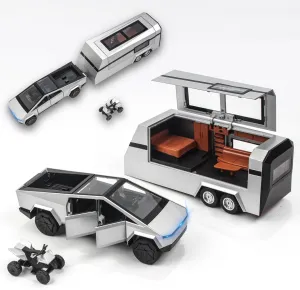 1/32 Alloy Pickup Truck & Trailer - Die-Cast Metal Pull-Back Toy with Sound & Light, Openable Cab/Trailer, Detachable Motorcycle - Gift for Kids 3 , Adult Collectors(Silvery)