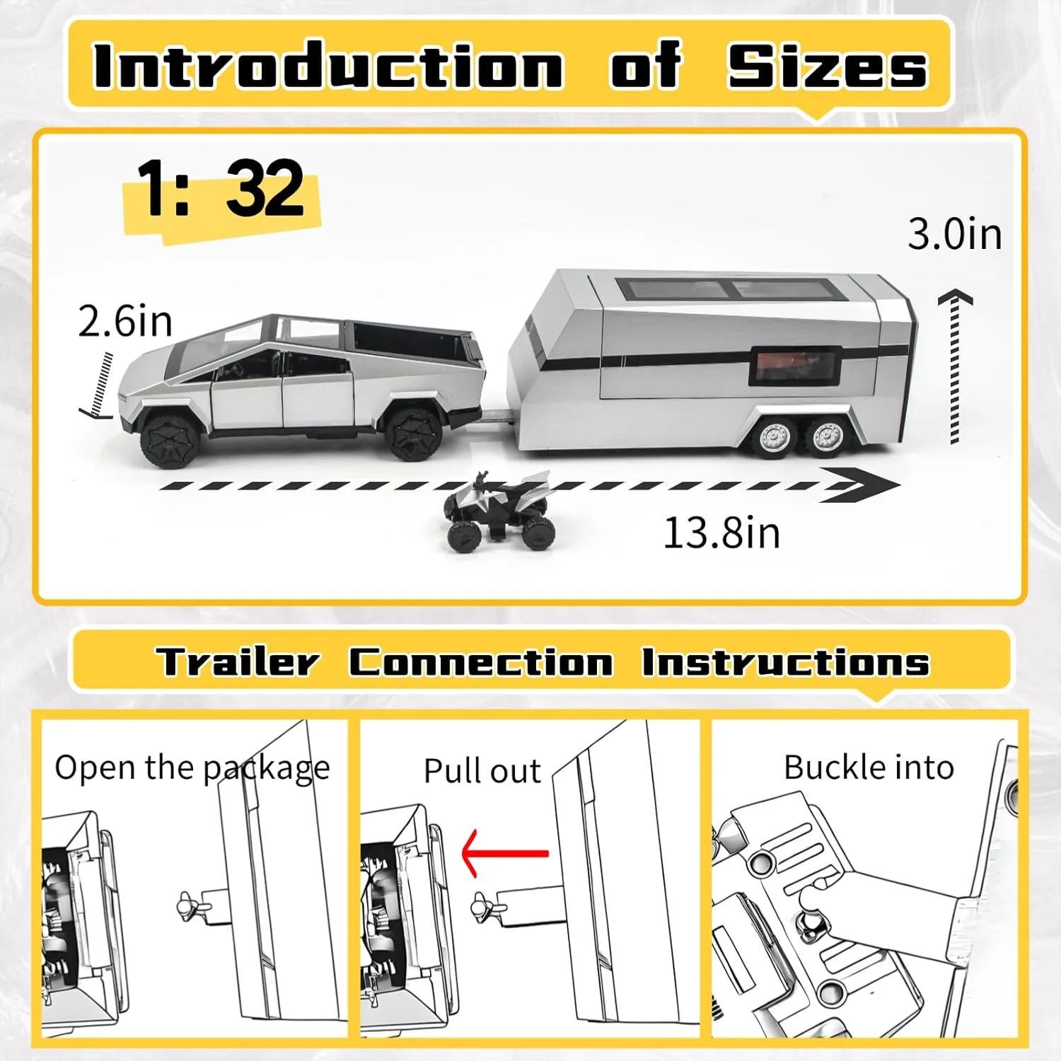 1/32 Alloy Pickup Truck & Trailer - Die-Cast Metal Pull-Back Toy with Sound & Light, Openable Cab/Trailer, Detachable Motorcycle - Gift for Kids 3 , Adult Collectors(Silvery)