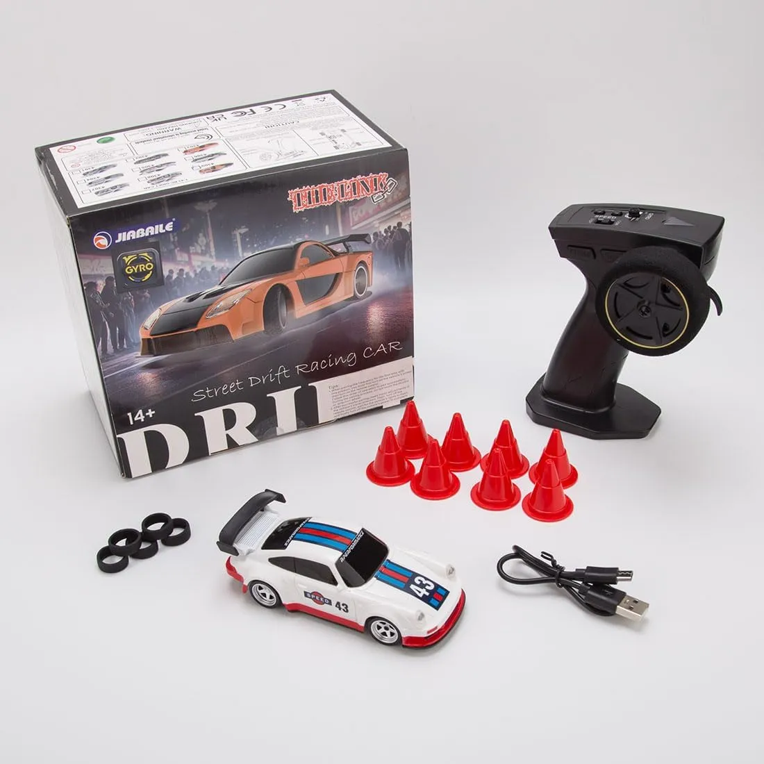 1/43 2.4G RC Drift Car Model, Full-Proportional Mini Electric Racing with LED Lights, Suit for Birthday Gift (Gyro RTR Version/White Sports Car Version)