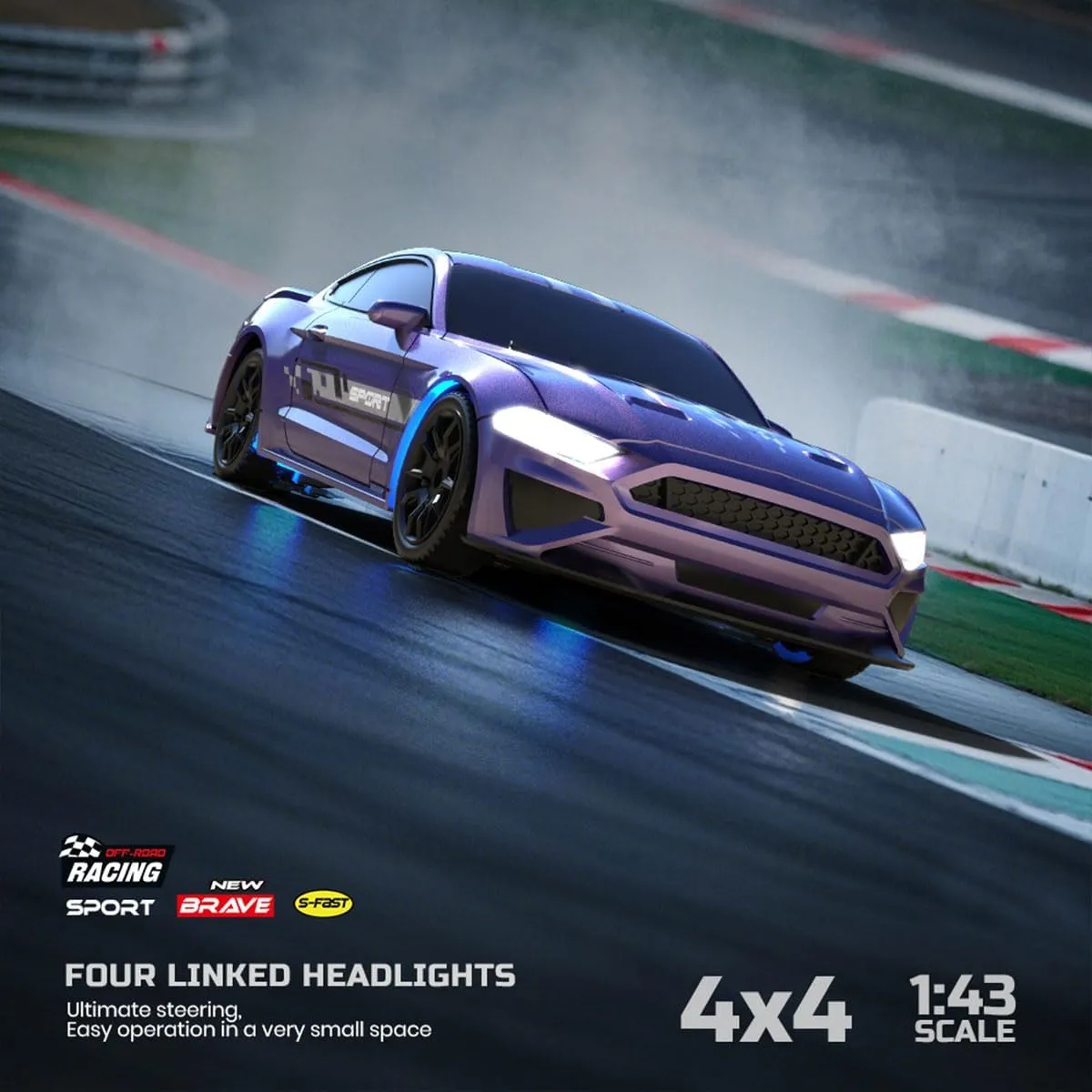 1/43 Scale RC Drift Racing Car for Adults, 2.4G Full-Proportional Electric Remote Control Car Model with LED Lights(RTR Version/Purple)