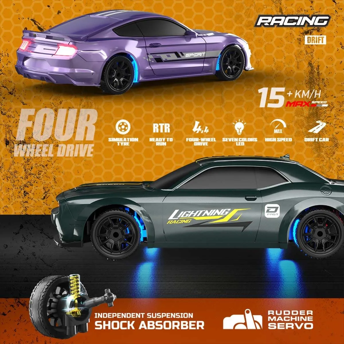 1/43 Scale RC Drift Racing Car for Adults, 2.4G Full-Proportional Electric Remote Control Car Model with LED Lights(RTR Version/Purple)