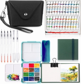 14 Pcs Pocket Artist Watercolor Travel Set Includes Plastic Grid Paint Box, Watercolor Paint, Watercolor Sketch Book, Watercolor Brush Pens, Binder Clips, Collect Bag for Painters Artists