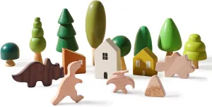 16 Pcs Wooden Stacking Blocks for Toddlers, Wooden Montessori House & Dinosaur Toys, Various Sizes Learning Educational Mini Trees, Forest Tree Ornaments Toys Set for Craft & Home Decor Accessories