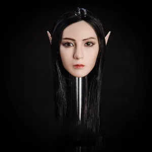 1/6 Scale Female Head Sculpt,Beauty Elf Girl Planted Hair Head Carved with Replaceable Ears Accessory for 12inch PH TBL JO Action Figure Body (Black Hair-Suntan Skin)