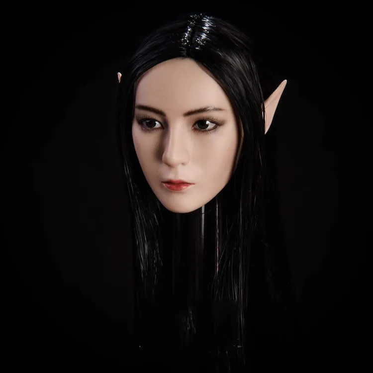 1/6 Scale Female Head Sculpt,Beauty Elf Girl Planted Hair Head Carved with Replaceable Ears Accessory for 12inch PH TBL JO Action Figure Body (Black Hair-Suntan Skin)