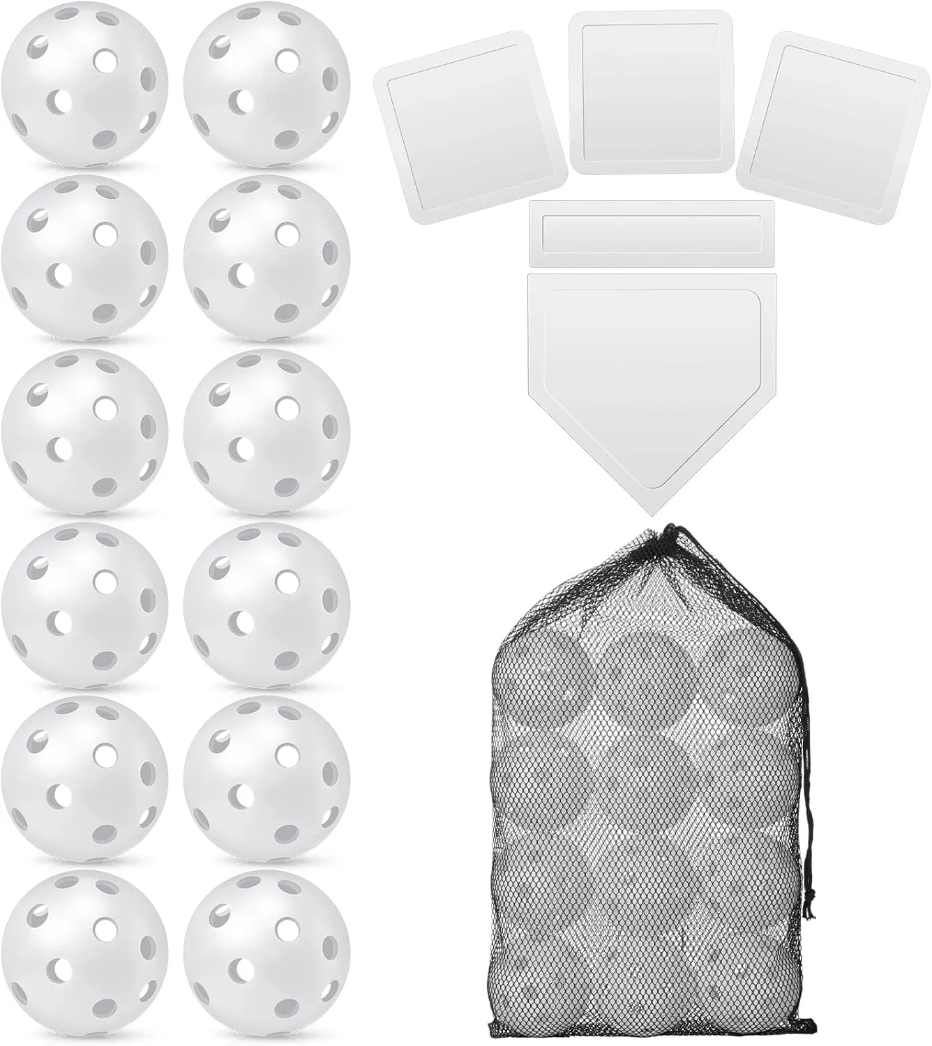 17 Pcs Plastic Training Practice Balls and Thrown Down Baseball Bases Set Include 12 Pcs Hollow Soft Balls Plastic Balls with Bag and 5 Pcs Rubber Base Set Home Plate Baseball for Kids Adults