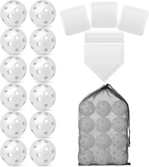 17 Pcs Plastic Training Practice Balls and Thrown Down Baseball Bases Set Include 12 Pcs Hollow Soft Balls Plastic Balls with Bag and 5 Pcs Rubber Base Set Home Plate Baseball for Kids Adults