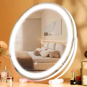 18" Makeup Vanity Mirror with Lights, 3 Color Lighting Dimmable LED Mirror, Touch Control, 360°Rotation, High-Definition Large Round Lighted Up Mirror for Bedroom Tabletop Desk (White-2)