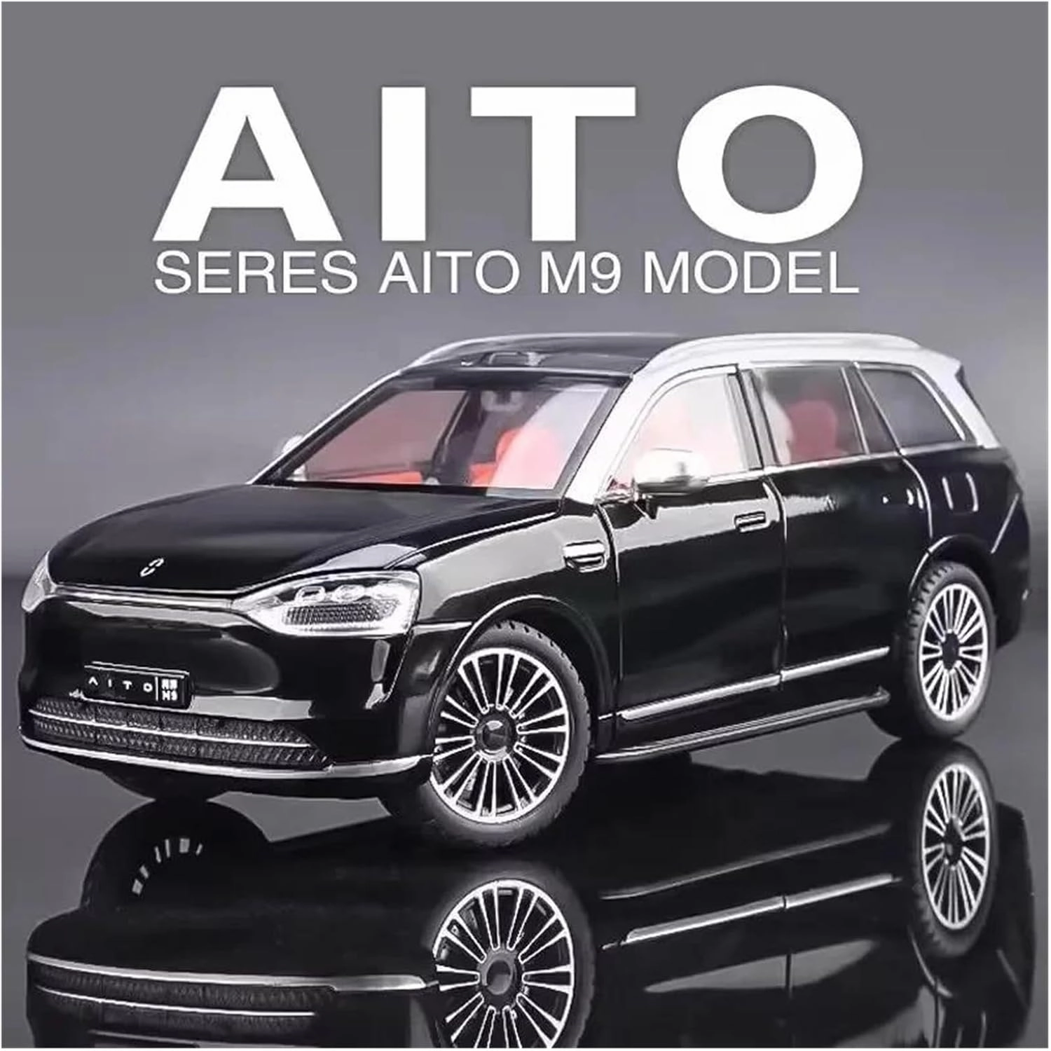 1 24 for AITO M9 SUV Alloy Car Model Sound and Light Pull Back Car Enthusiasts Toy Collectibles Birthday Gift Simulation Vehicle Playset(Black)