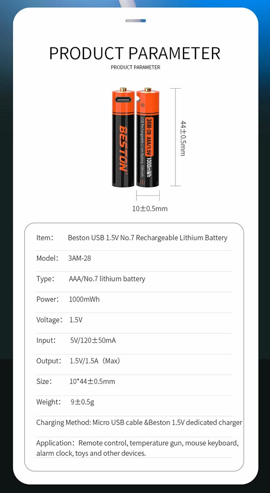 1.5V 1000mWh Beston Micro USB triple AAA Szie li-ion rechargeable battery cell