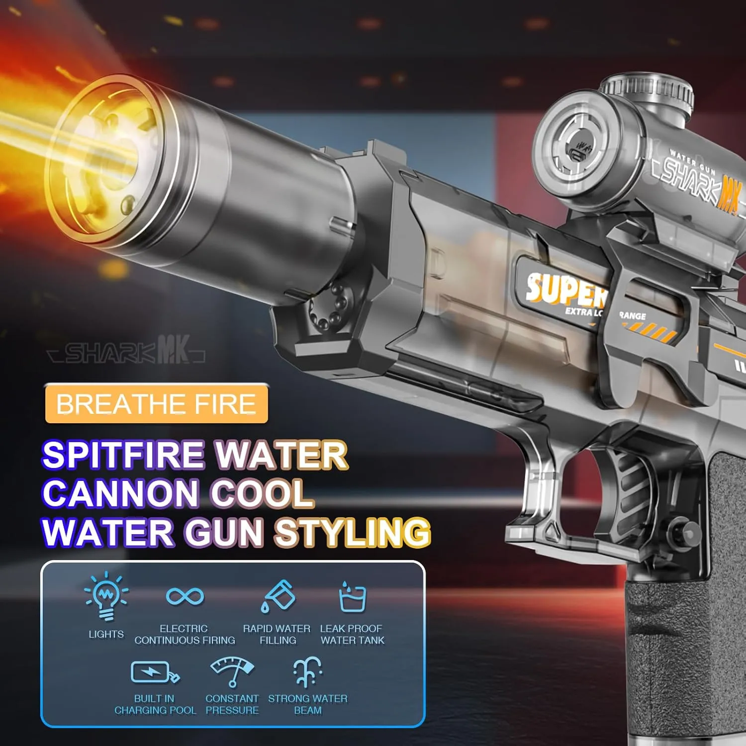 [2 Pack] Electric Water Gun Pistol, Automatic Squirt Gun with 4 Rechargeable Battery, Glowing LED, High Capacity, Up to 32 FT, Powerful Water Blasters for Kids Adults Outdoor Summer Swimming Pool Game