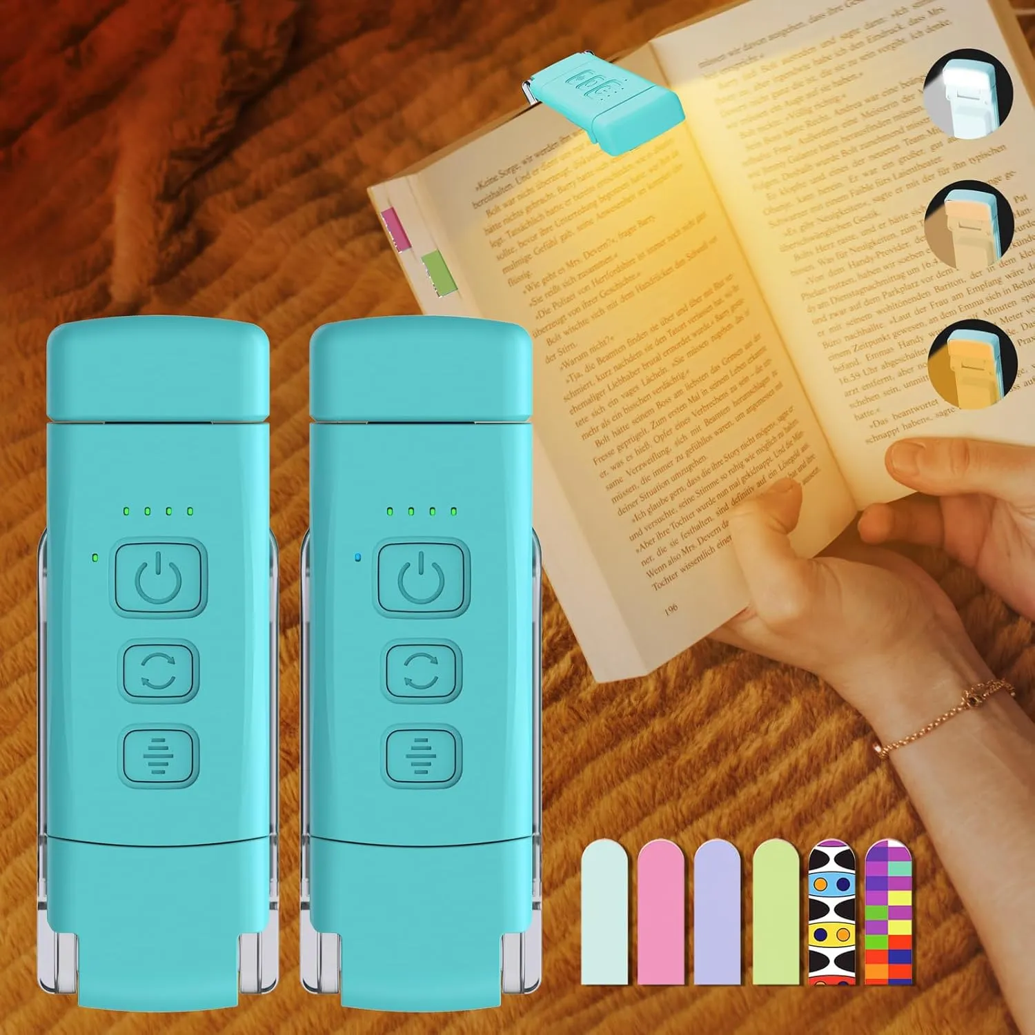 2-Pack Rechargeable Book Light with 6 Bookmarks, 3 Colors & 5 Brightness Levels, Eye Care, 30/60-min Timer for Night Reading