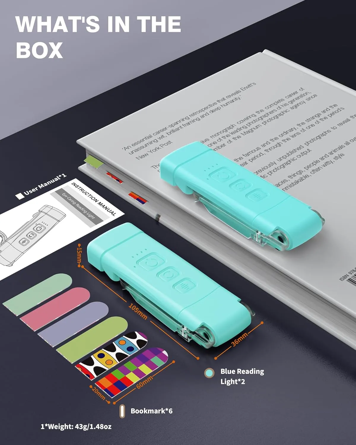 2-Pack Rechargeable Book Light with 6 Bookmarks, 3 Colors & 5 Brightness Levels, Eye Care, 30/60-min Timer for Night Reading