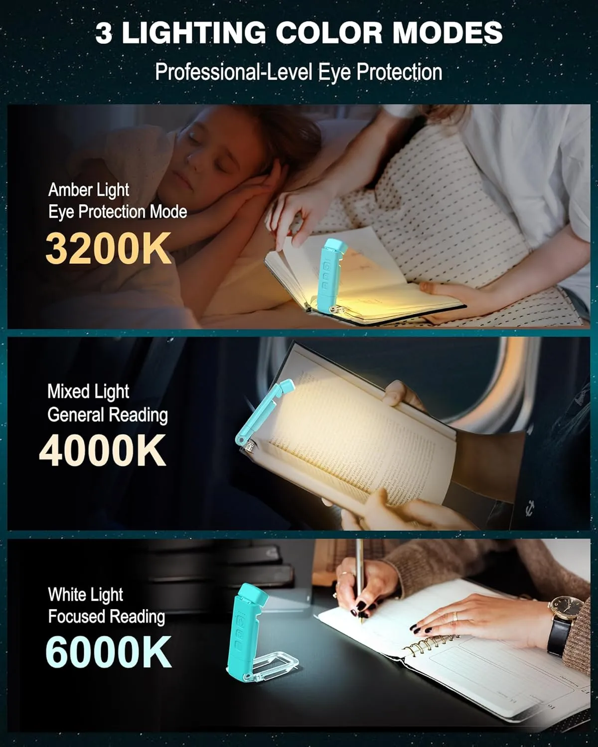 2-Pack Rechargeable Book Light with 6 Bookmarks, 3 Colors & 5 Brightness Levels, Eye Care, 30/60-min Timer for Night Reading