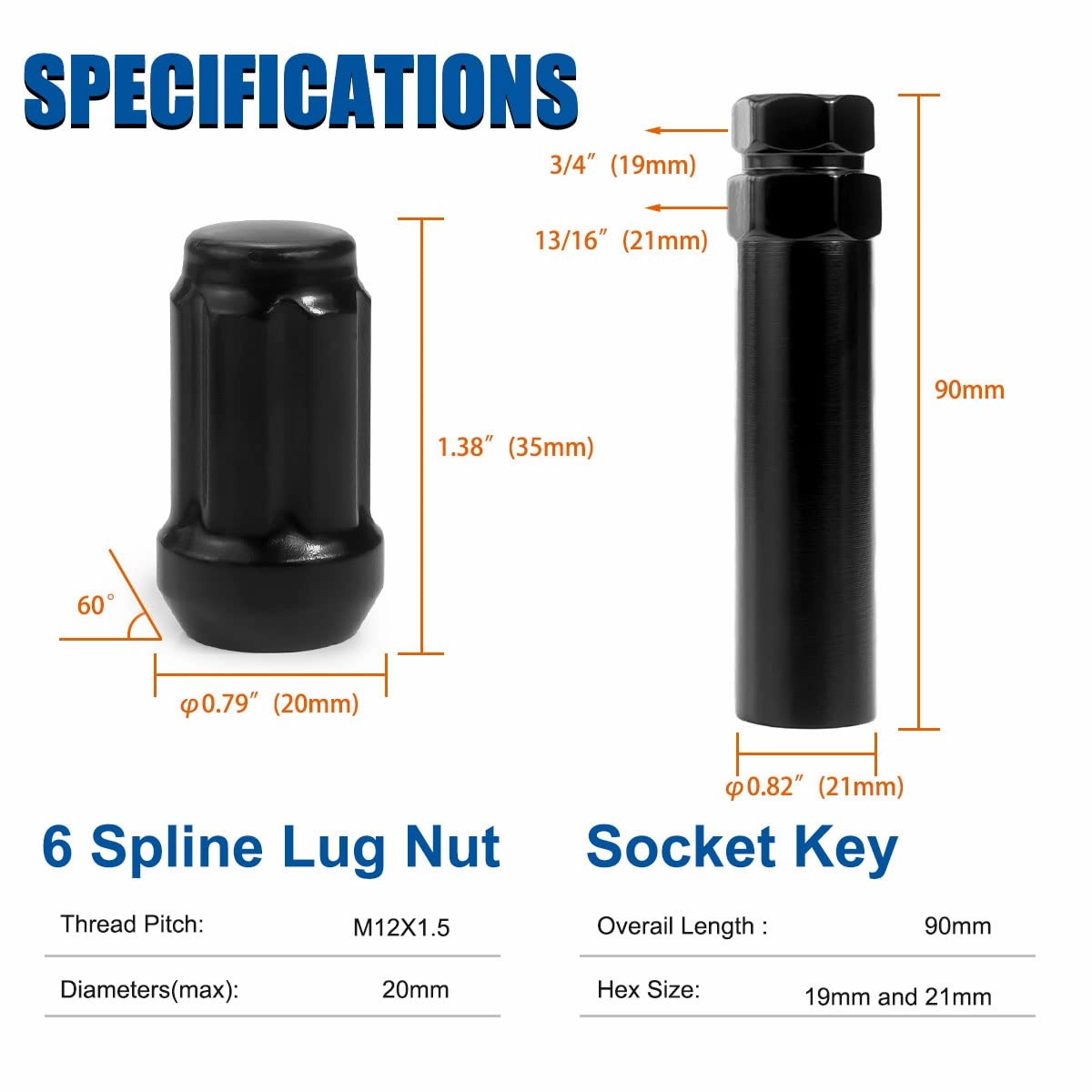 20pcs Black 12x1.5 Lug Nuts, GAsupply Closed End Acorn Spline Tuner Lug Nuts 1.38" Tall Conical/Cone Seat for Aftermarket Wheels, Pack of 20 1 Socket Key