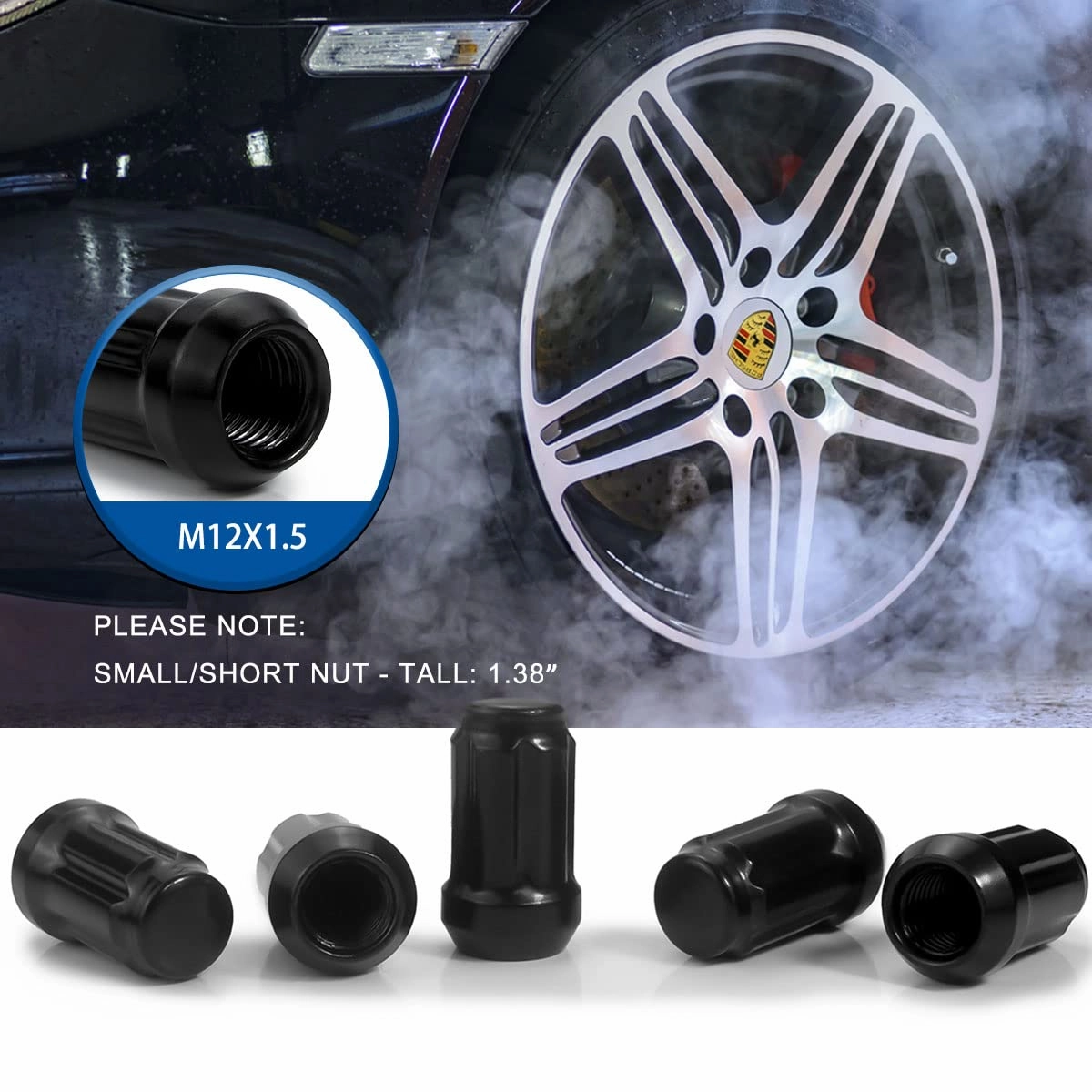 20pcs Black 12x1.5 Lug Nuts, GAsupply Closed End Acorn Spline Tuner Lug Nuts 1.38" Tall Conical/Cone Seat for Aftermarket Wheels, Pack of 20 1 Socket Key