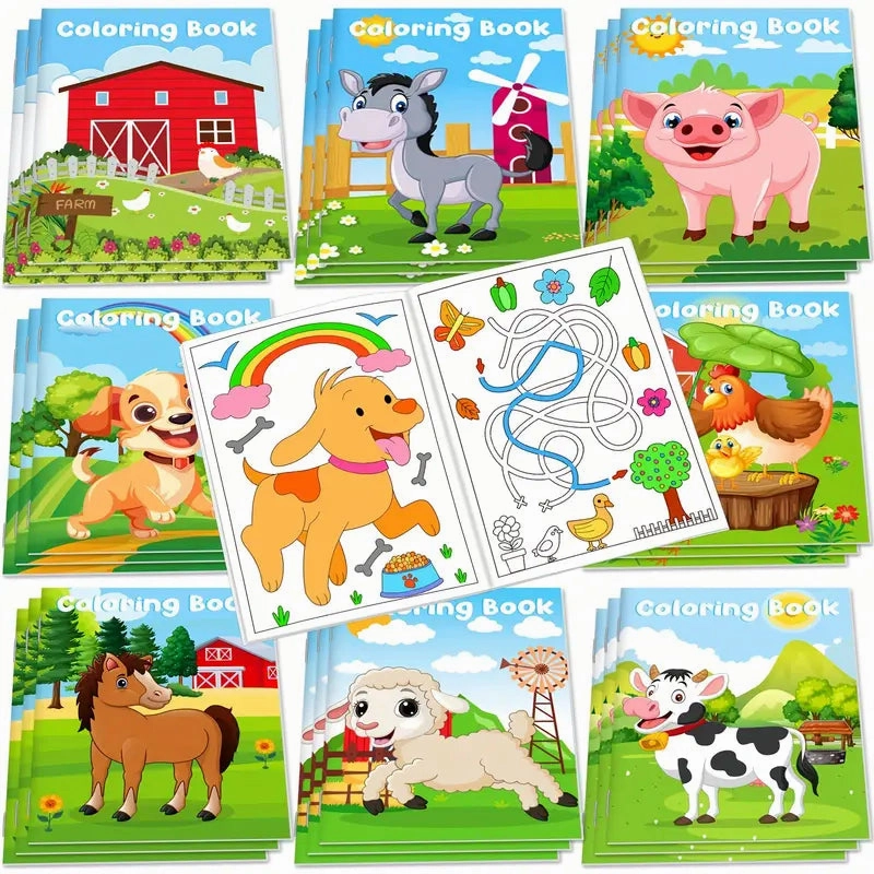 24-Pieces: Mini Coloring Books with 24 Stacking Crayons, Farm Themed