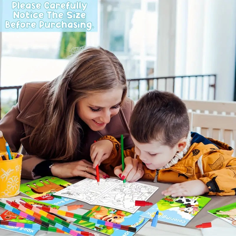 24-Pieces: Mini Coloring Books with 24 Stacking Crayons, Farm Themed