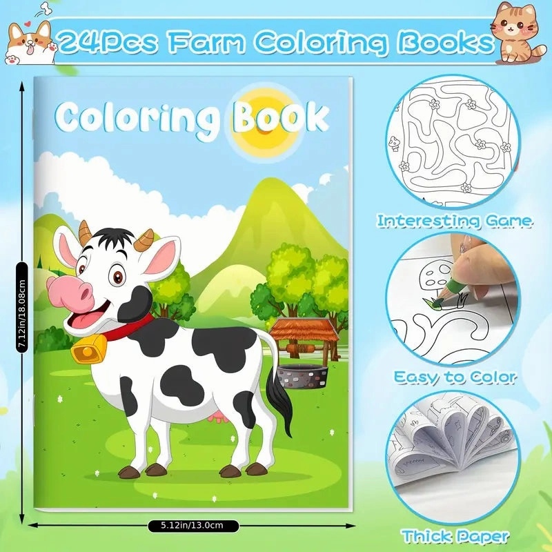 24-Pieces: Mini Coloring Books with 24 Stacking Crayons, Farm Themed