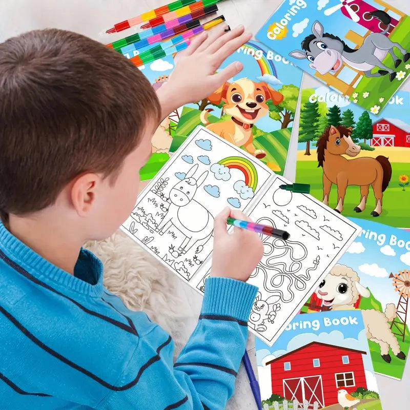 24-Pieces: Mini Coloring Books with 24 Stacking Crayons, Farm Themed