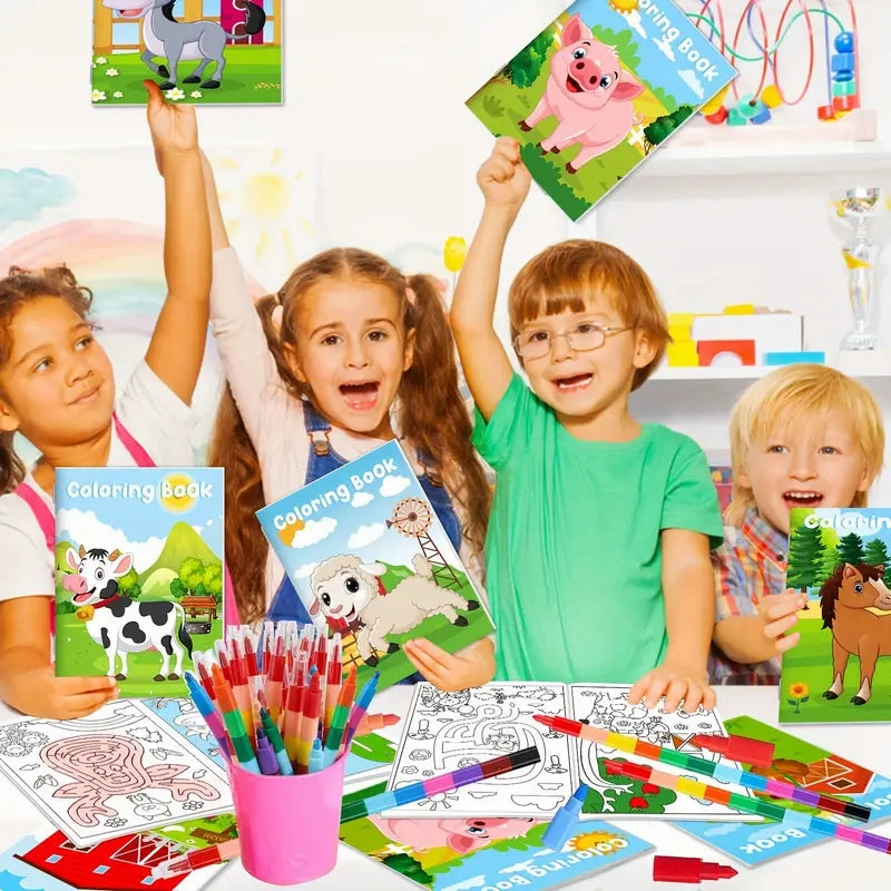 24-Pieces: Mini Coloring Books with 24 Stacking Crayons, Farm Themed