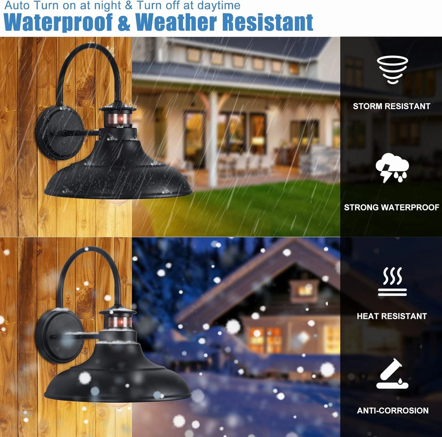 2 Packs Motion Sensor Outdoor Barn Lights - Dusk to Dawn Farmhouse Gooseneck Barn Light, 12in Large Black Porch Light Fixture Wall Mount, Exterior Wall Lighting Fixture for Garage Patio Doorway
