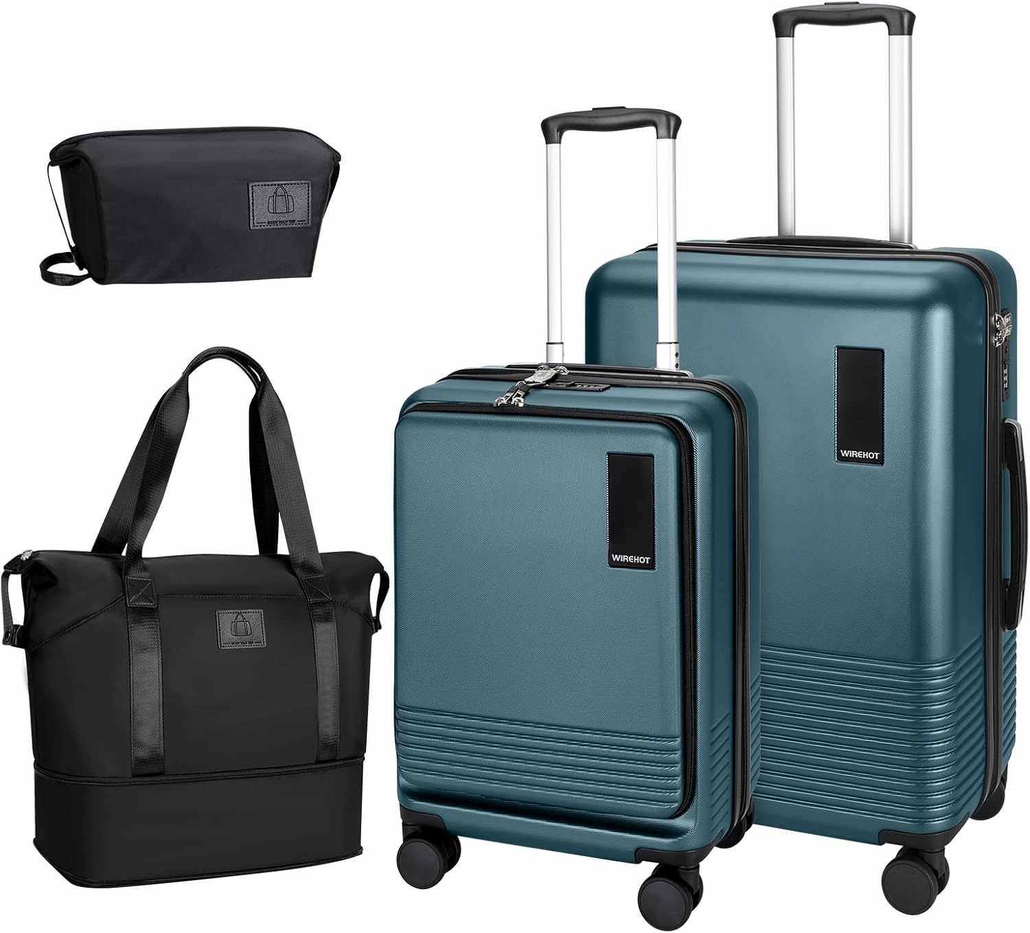 2 Piece Luggage Sets with Spinner Wheels Front Open Pocket, ABS PC Suitcase with TSA Lock & YKK Zipper, Carry On 20/24 inch Medium  Toiletry Bag Handbag, Teal Blue