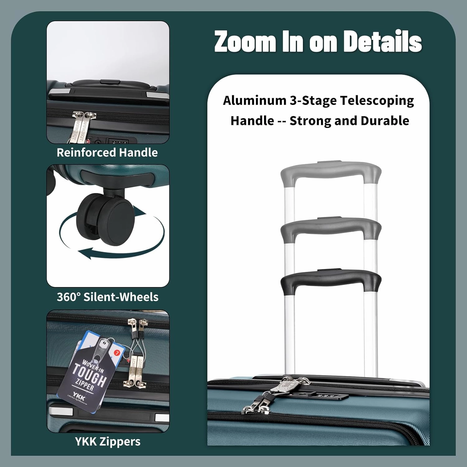 2 Piece Luggage Sets with Spinner Wheels Front Open Pocket, ABS PC Suitcase with TSA Lock & YKK Zipper, Carry On 20/24 inch Medium  Toiletry Bag Handbag, Teal Blue