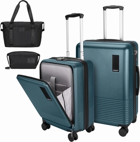 2 Piece Luggage Sets with Spinner Wheels Front Open Pocket, ABS PC Suitcase with TSA Lock & YKK Zipper, Carry On 20/24 inch Medium  Toiletry Bag Handbag, Teal Blue
