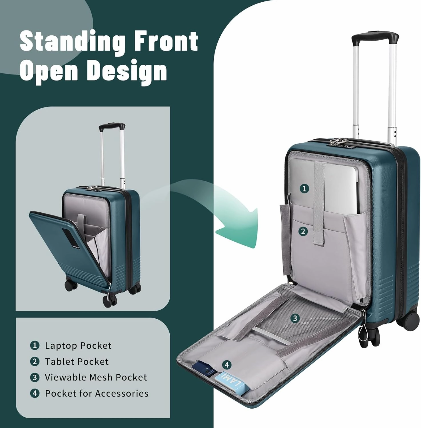 2 Piece Luggage Sets with Spinner Wheels Front Open Pocket, ABS PC Suitcase with TSA Lock & YKK Zipper, Carry On 20/24 inch Medium  Toiletry Bag Handbag, Teal Blue