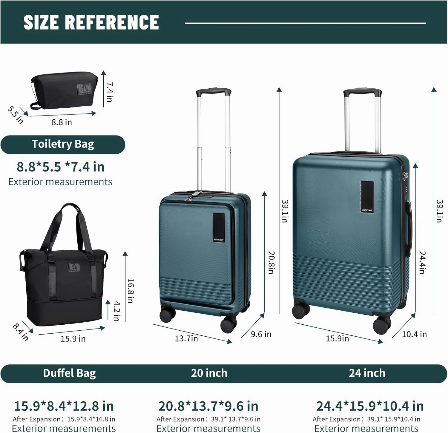 2 Piece Luggage Sets with Spinner Wheels Front Open Pocket, ABS PC Suitcase with TSA Lock & YKK Zipper, Carry On 20/24 inch Medium  Toiletry Bag Handbag, Teal Blue