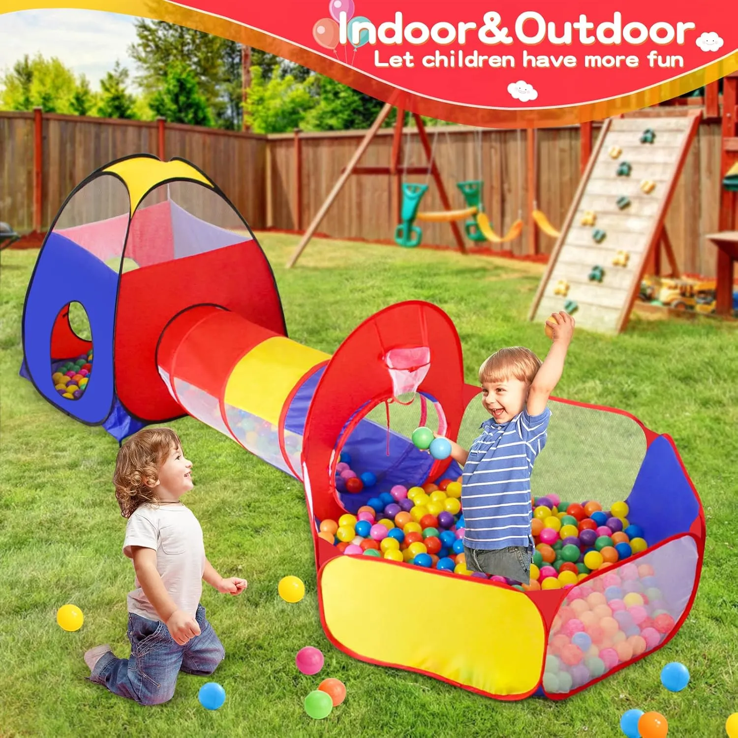 3 in 1 Kids Play Tent for Toddler with Baby Ball Pit and Play Tunnel, Children Indoor Outdoor Playhouse with Climbing Tunnel Toy for Toddlers, Boys and Girls Best Birthday Gifts