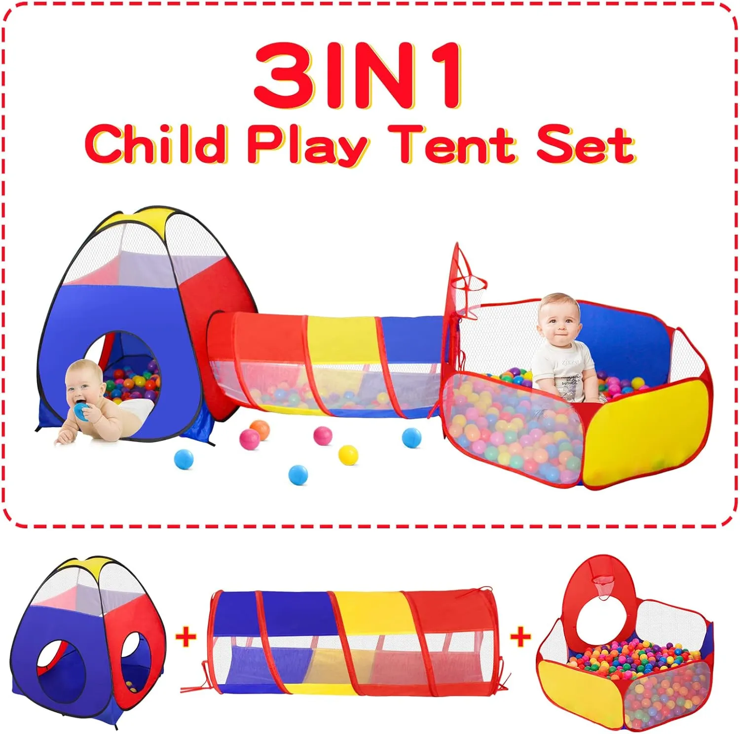 3 in 1 Kids Play Tent for Toddler with Baby Ball Pit and Play Tunnel, Children Indoor Outdoor Playhouse with Climbing Tunnel Toy for Toddlers, Boys and Girls Best Birthday Gifts