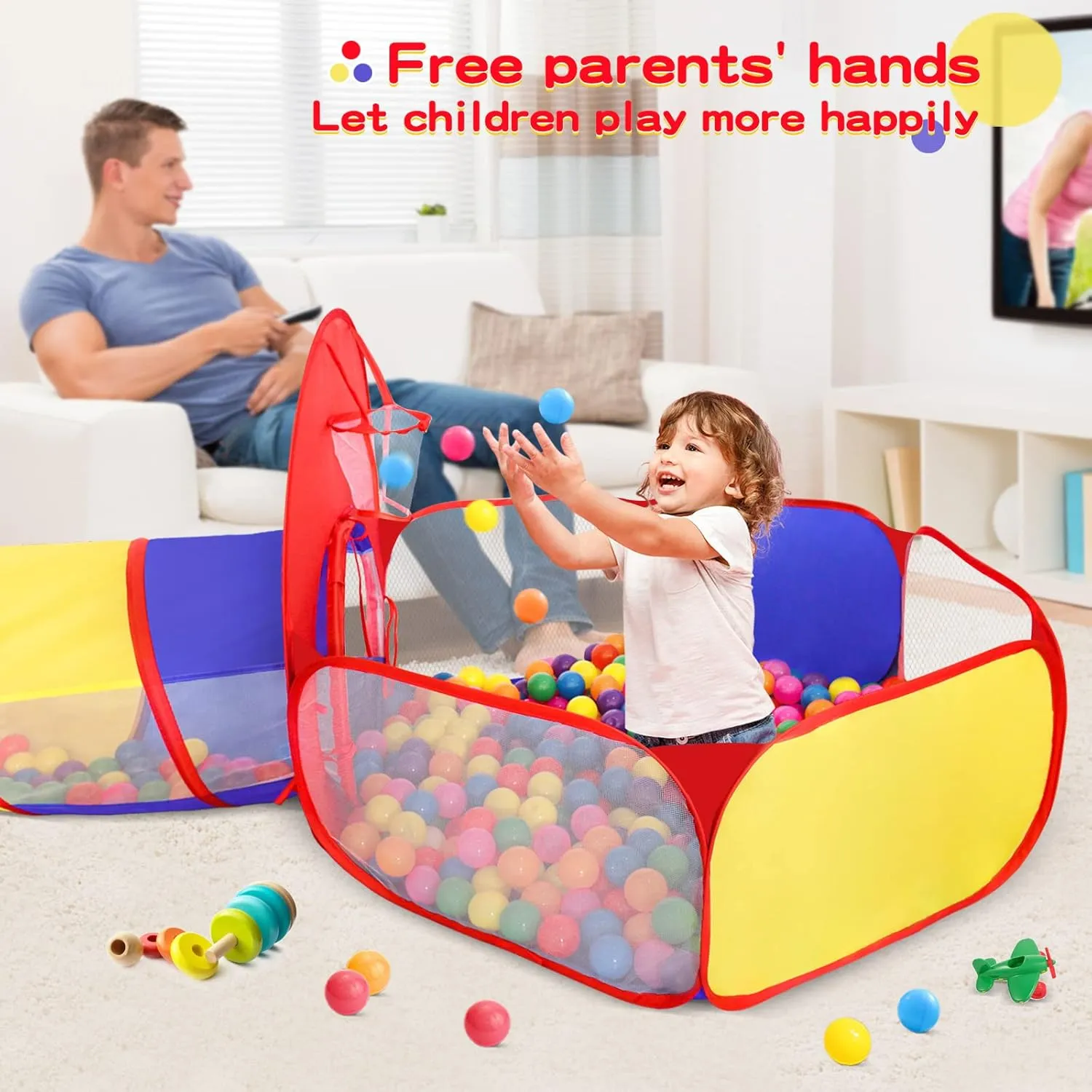 3 in 1 Kids Play Tent for Toddler with Baby Ball Pit and Play Tunnel, Children Indoor Outdoor Playhouse with Climbing Tunnel Toy for Toddlers, Boys and Girls Best Birthday Gifts