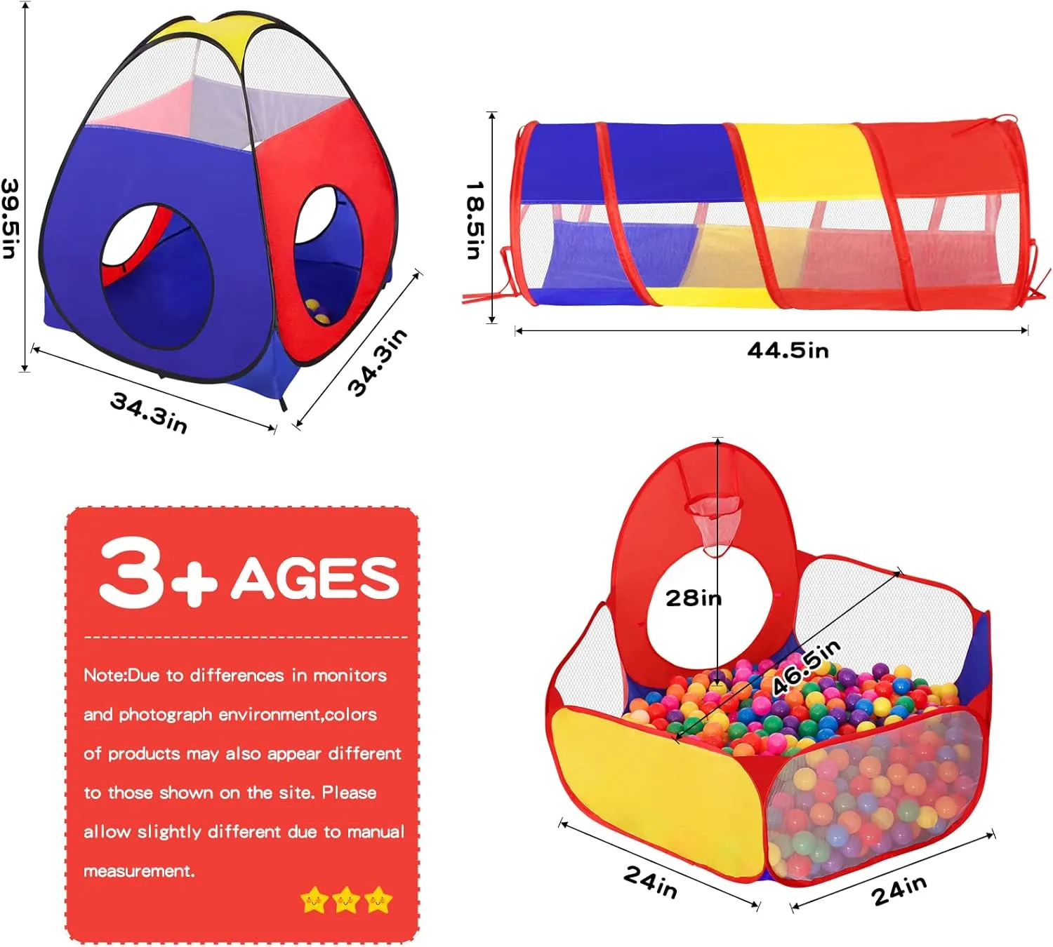 3 in 1 Kids Play Tent for Toddler with Baby Ball Pit and Play Tunnel, Children Indoor Outdoor Playhouse with Climbing Tunnel Toy for Toddlers, Boys and Girls Best Birthday Gifts