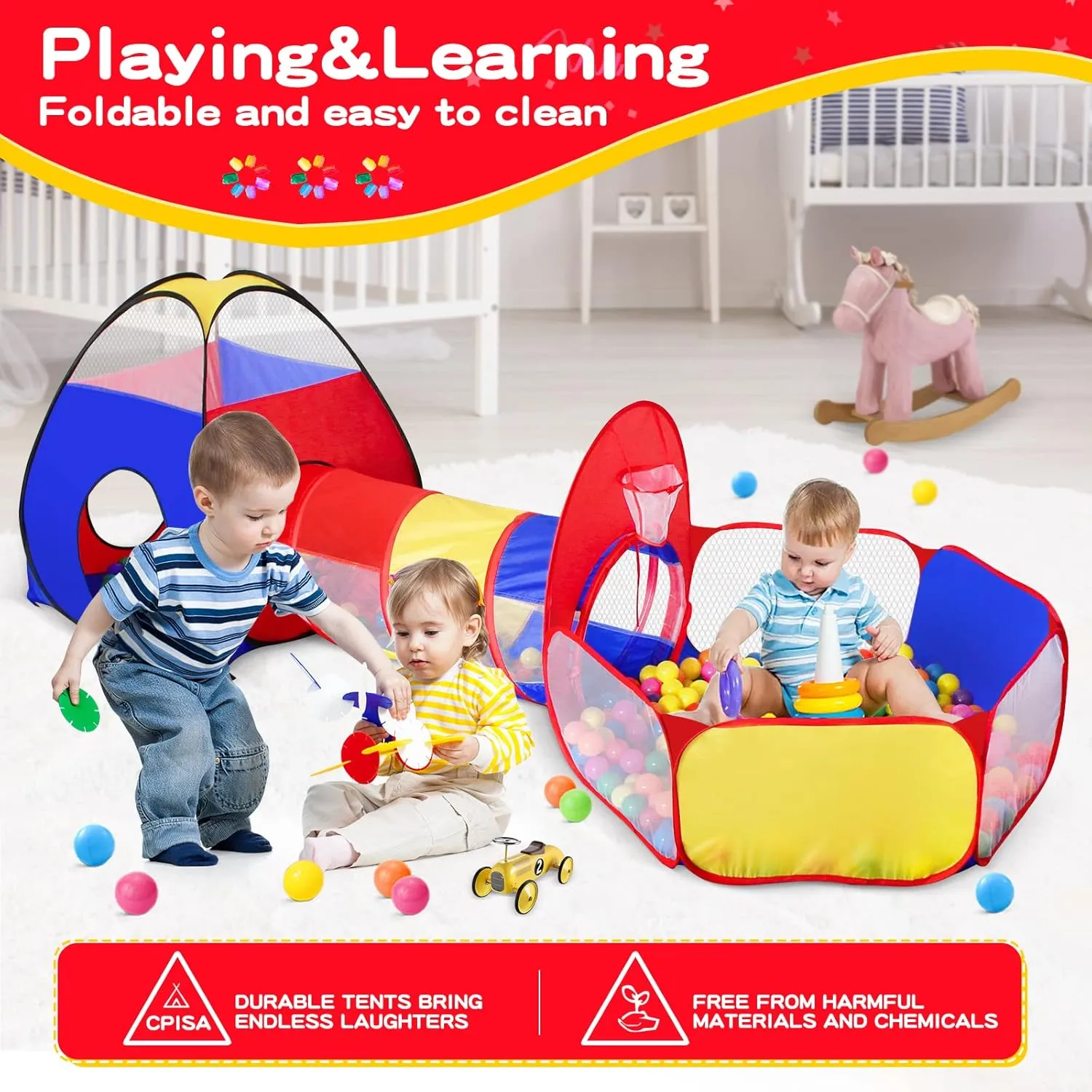3 in 1 Kids Play Tent for Toddler with Baby Ball Pit and Play Tunnel, Children Indoor Outdoor Playhouse with Climbing Tunnel Toy for Toddlers, Boys and Girls Best Birthday Gifts